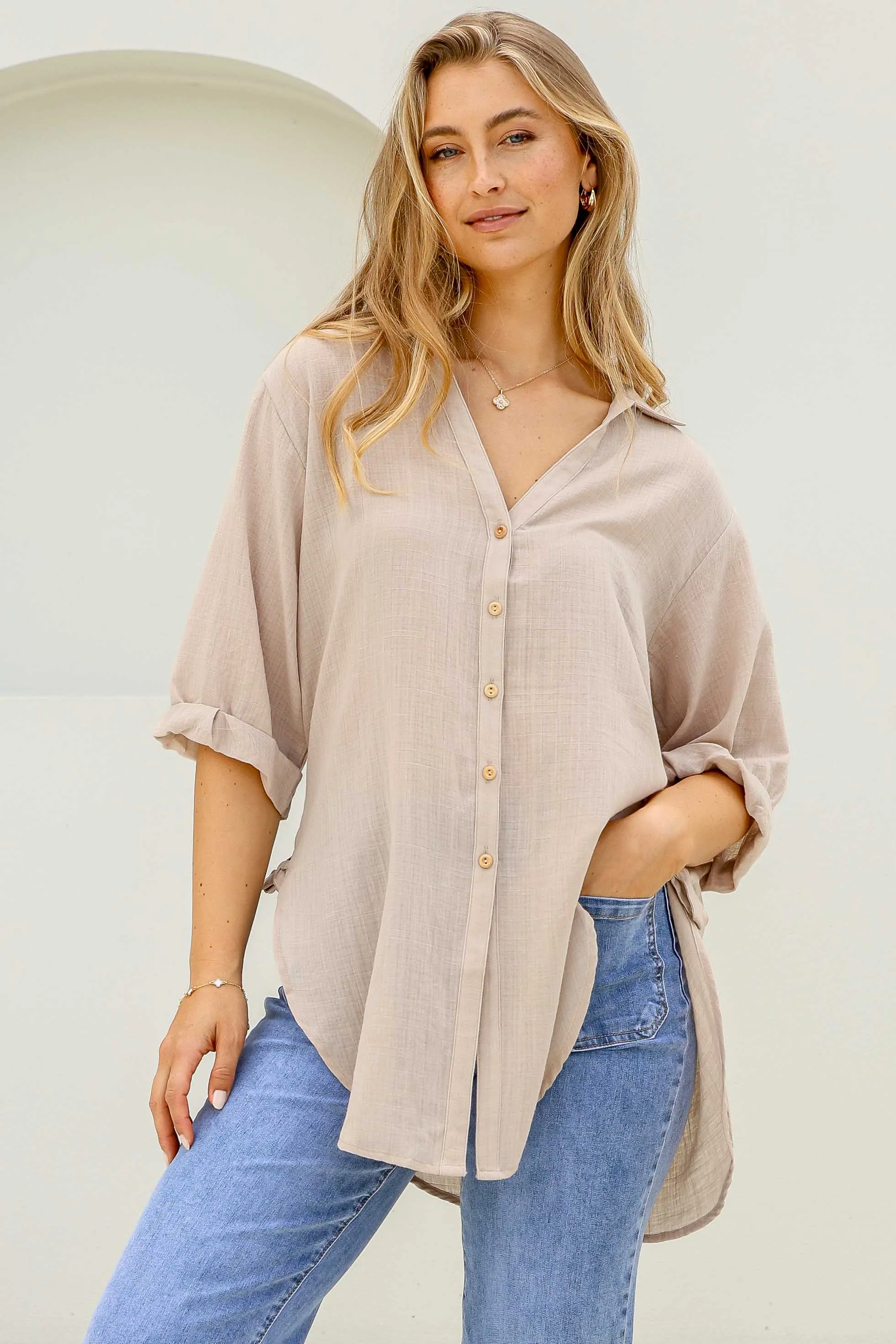 Beachly Shirt - Folded Collar Button Down Relaxed Shirt In Stone sold by Salty Crush product image thumbnail 2
