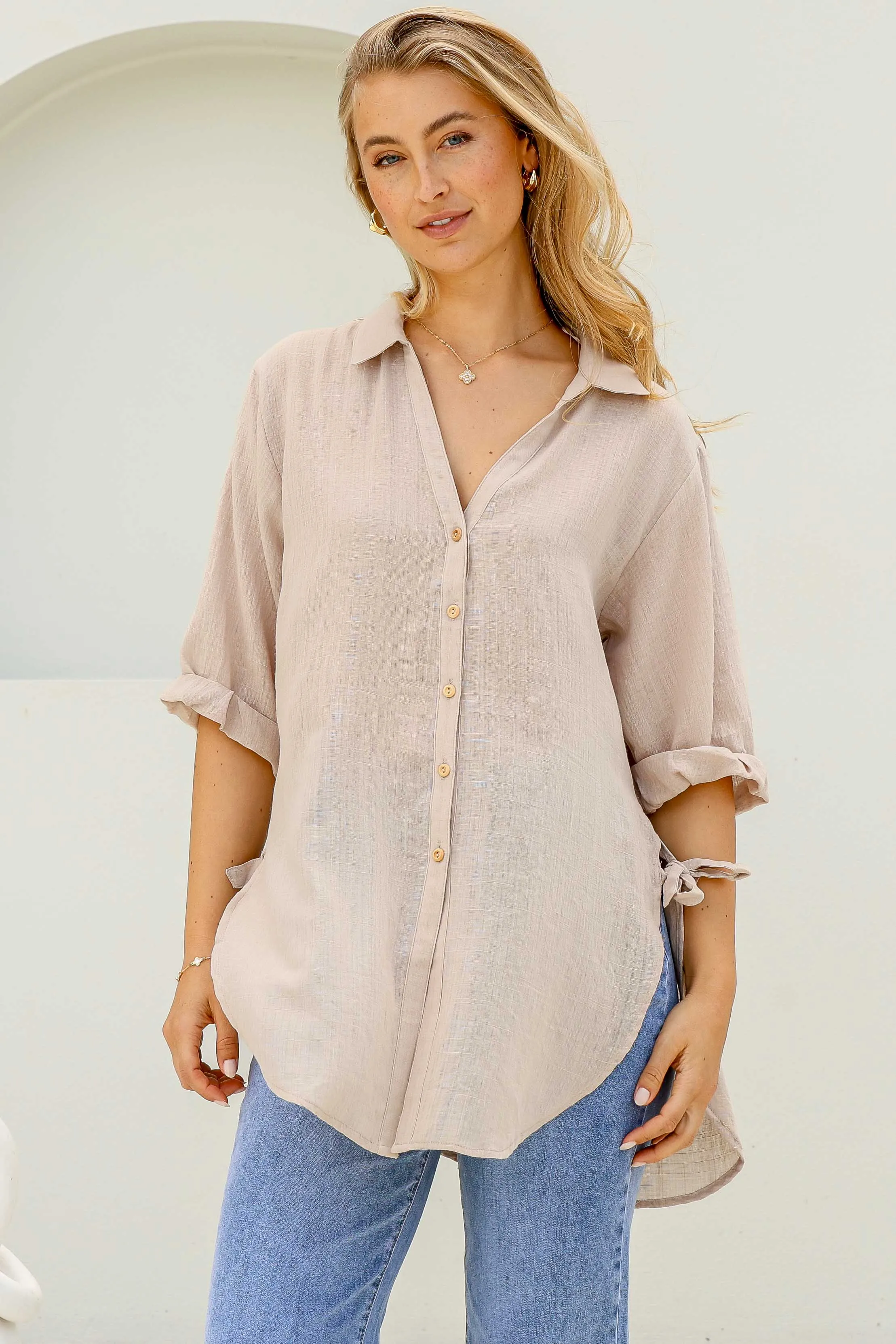 Beachly Shirt - Folded Collar Button Down Relaxed Shirt In Stone sold by Salty Crush product image thumbnail 4