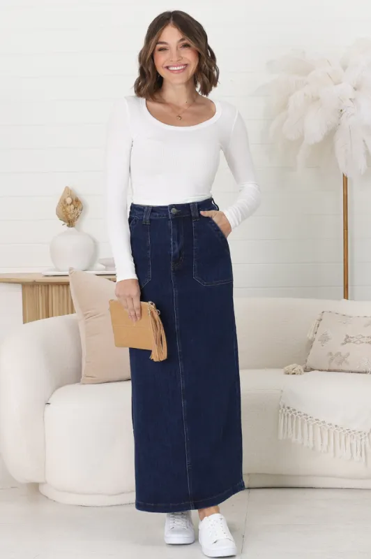 Hadrian Denim Maxi Skirt - High Waisted A-Line Skirt in Dark Denim sold by Salty Crush