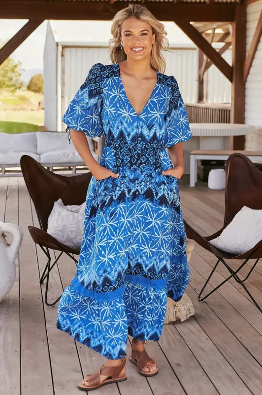 JAASE - Molli Maxi Dress: Button Down A-Line Dress with Tied Sleeves in Tranquil Tides Print sold by Salty Crush