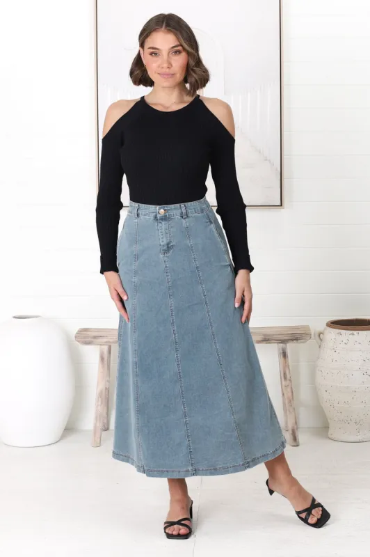 Delta Denim Midi Skirt - A Line Skirt with Contrast Stitching in Light Denim sold by Salty Crush