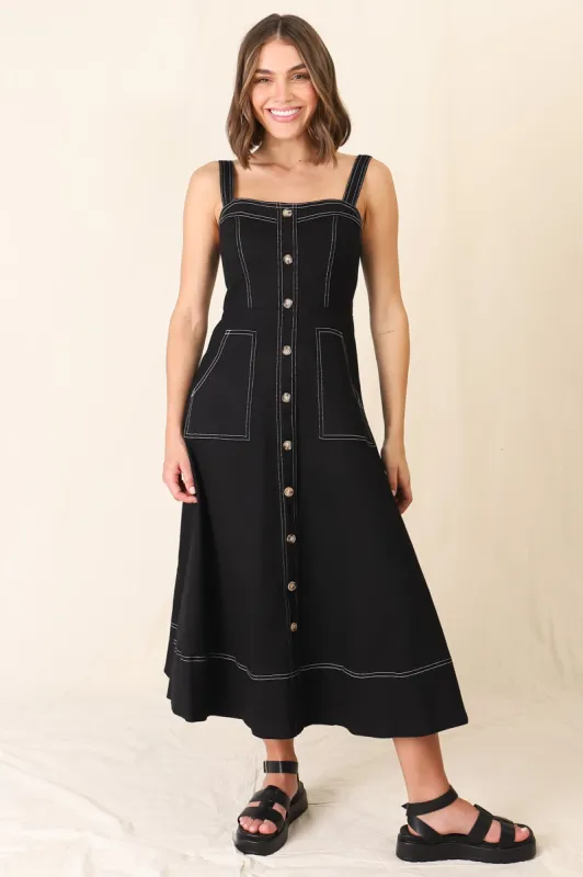 Sylvia Denim Midi Dress - Sweetheart Neckline Adjustable Strap A Line Denim Dress in Black sold by Salty Crush