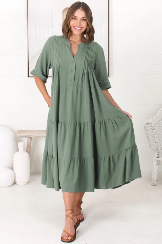 Ayva Midi Dress - 3/4 Sleeve Tiered Smock Dress in Sage sold by Salty Crush