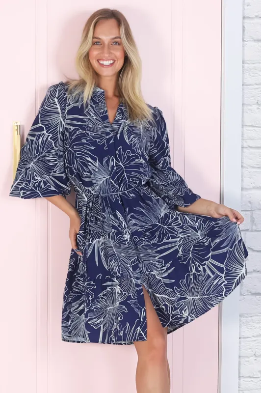 Cadell Mini Dress: Mandarin Collar Buttoned Down Dress Palm Print in Blue sold by Salty Crush