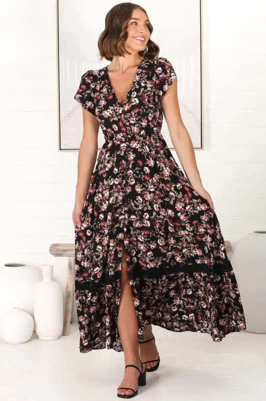 JAASE - Carmen Maxi Dress: Butterfly Cap Sleeve Button Down A Line Dress with Lace Trim in Kimber Print sold by Salty Crush
