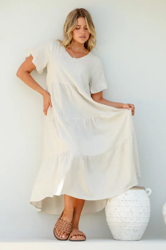 Ame Midi Dress - V Neck Frill Sleeve Tiered Dress in Oatmeal sold by Salty Crush
