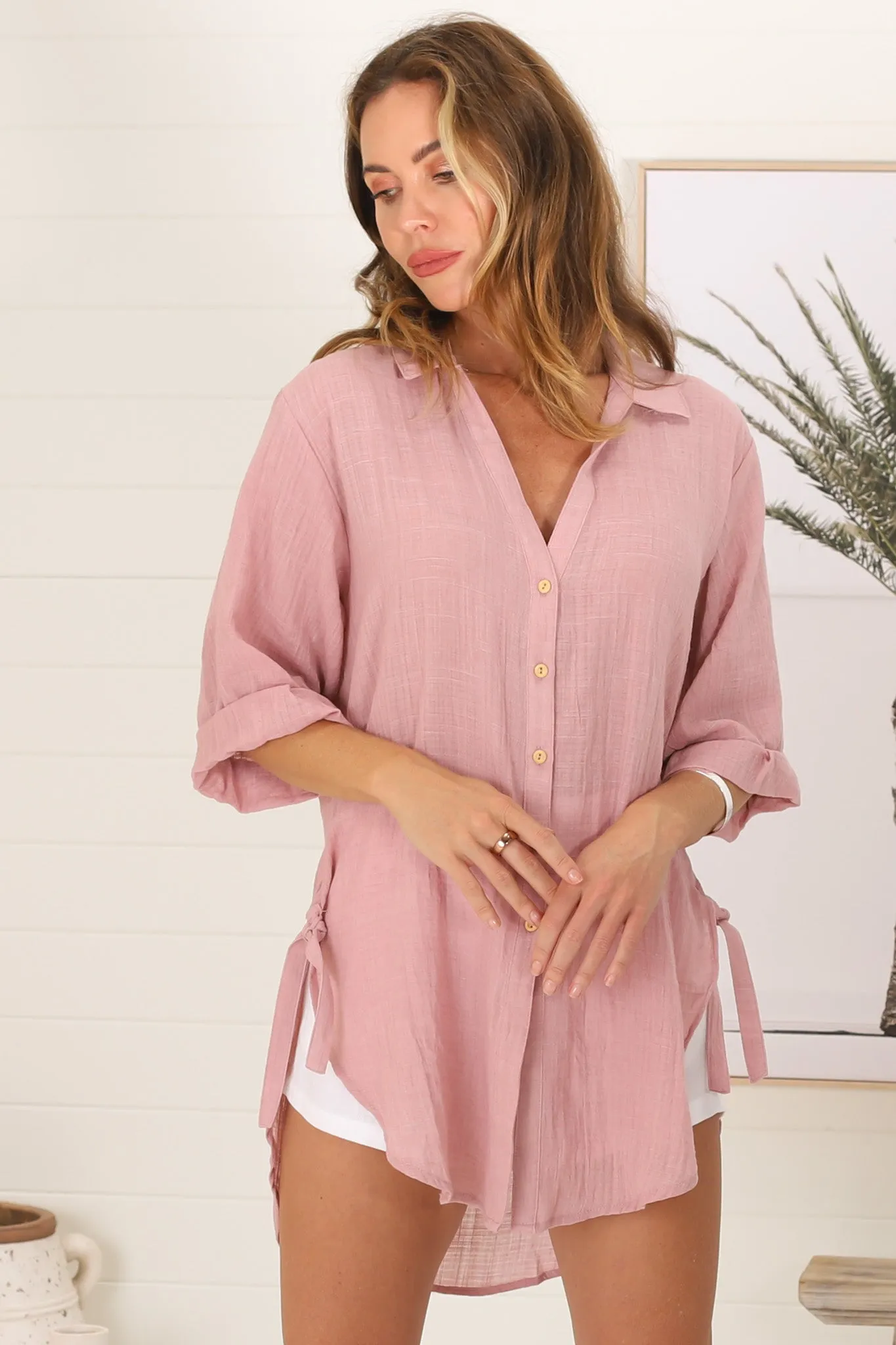 Beachly Shirt - Folded Collar Button Down Relaxed Shirt In Blush sold by Salty Crush product image thumbnail 5