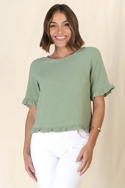 Adria Top - Frill High-Low Hem with Wooden Button Down Back Top in Sage sold by Salty Crush