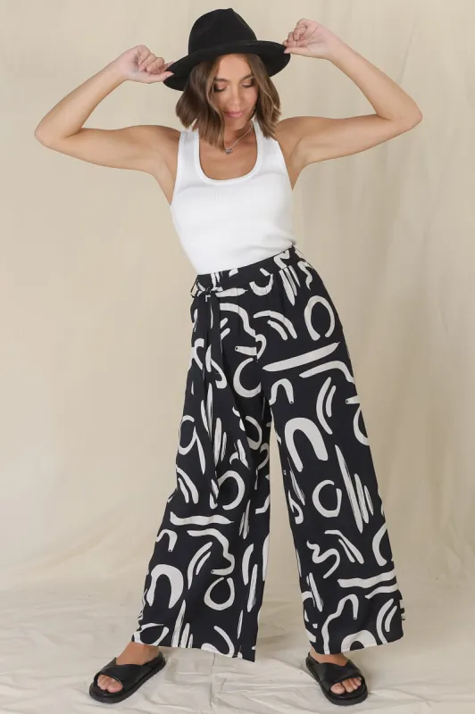 Emersyn Pants - Graphic Print Wide Leg Pants with Matching Belt in Navy sold by Salty Crush