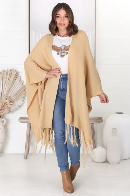 Kamdyn Poncho - Slouch Shoulder Throw Over Poncho in Camel sold by Salty Crush