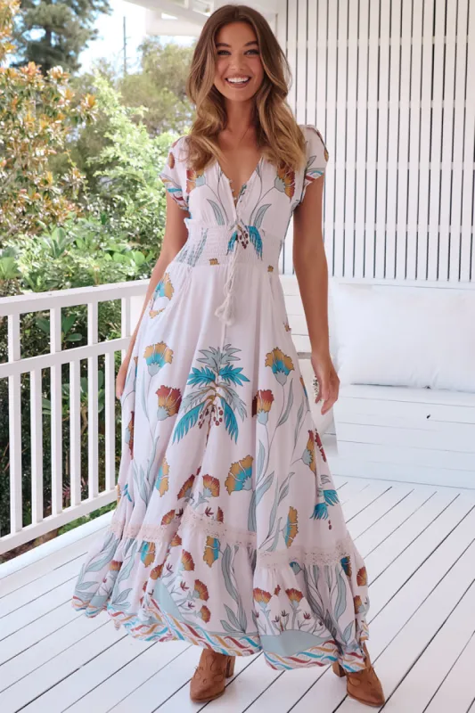 JAASE - Romi Maxi Dress: Button Down Cap Sleeve Dress with Waist Tie in Palm Cove Print sold by Salty Crush