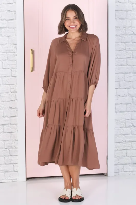 Zaraha Midi Dress - Folded Collar Button Down Tiered Dress in Rust sold by Salty Crush