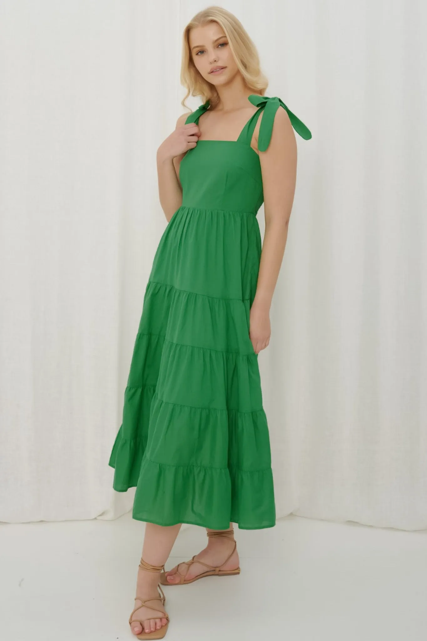 Luna Midi Dress - Tie Up on Shoulder Tiered Dress with Milkmaid Neckline in Green sold by Salty Crush product image thumbnail 3