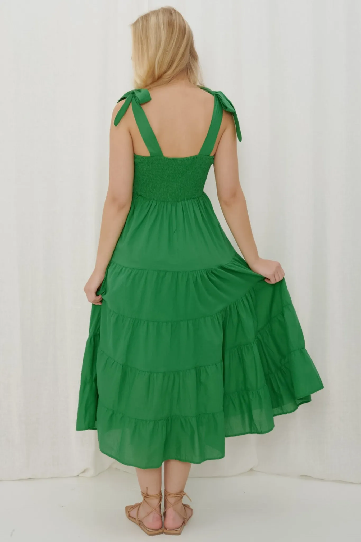 Luna Midi Dress - Tie Up on Shoulder Tiered Dress with Milkmaid Neckline in Green sold by Salty Crush product image thumbnail 4