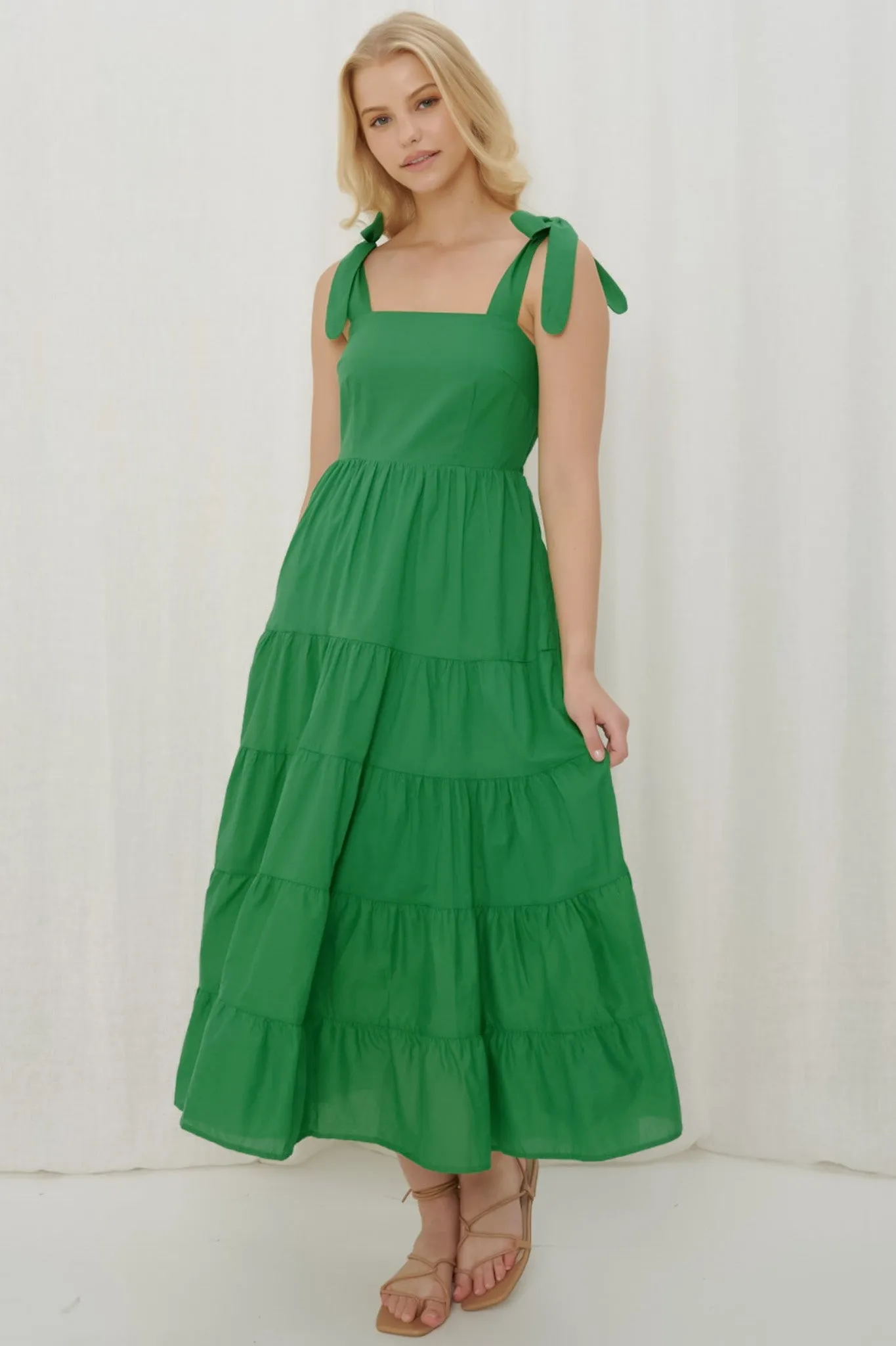 Luna Midi Dress - Tie Up on Shoulder Tiered Dress with Milkmaid Neckline in Green sold by Salty Crush product image thumbnail 2
