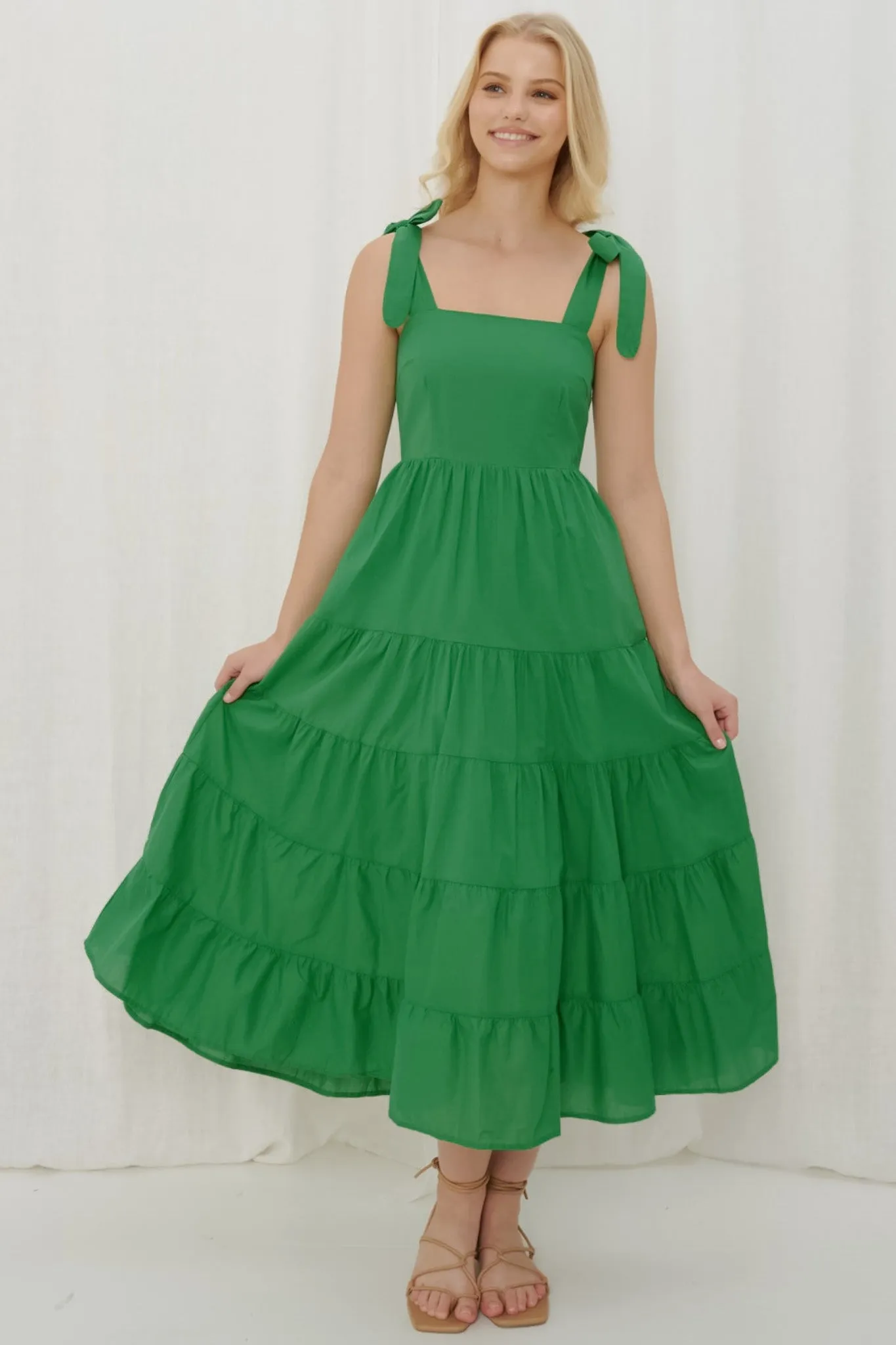 Luna Midi Dress - Tie Up on Shoulder Tiered Dress with Milkmaid Neckline in Green sold by Salty Crush