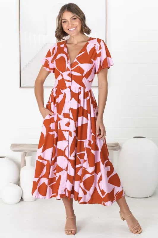 Anais Midi Dress - Cap Flutter Sleeve Button Down A Line Dress in Azira Print Lilac sold by Salty Crush