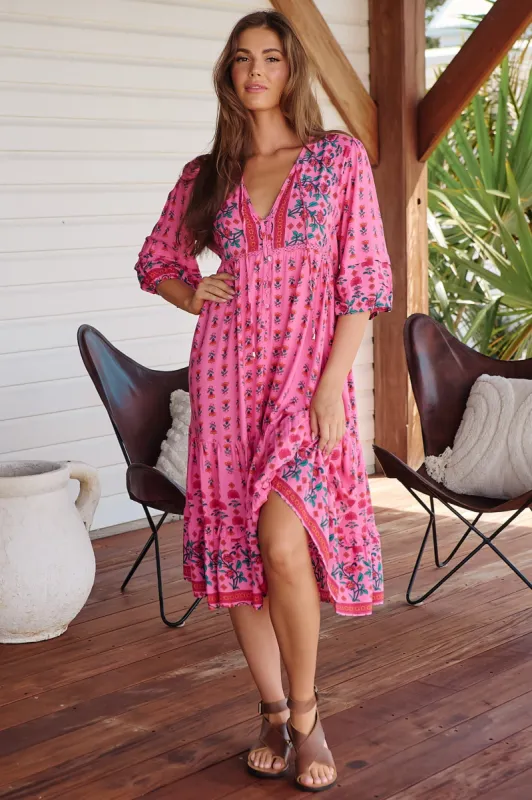 JAASE - Monday Midi Dress: V Neck Crochet Bustline Smock Dress with Balloon Sleeves in Raspberry Romance sold by Salty Crush