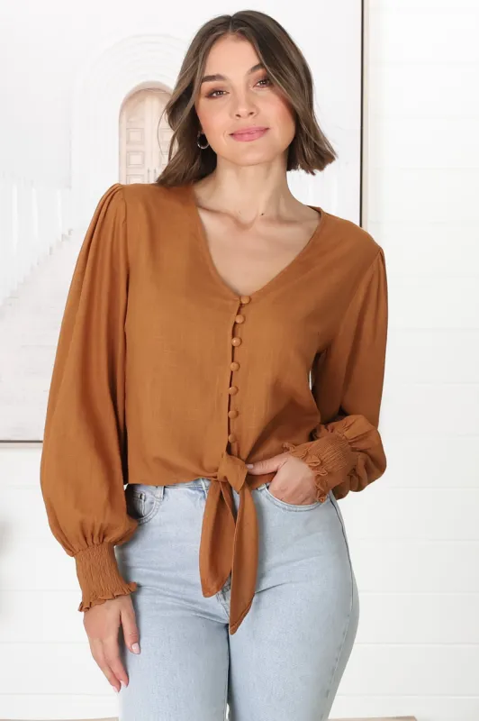 Amber Top - Button Down with Tie Detail Top in Rust sold by Salty Crush