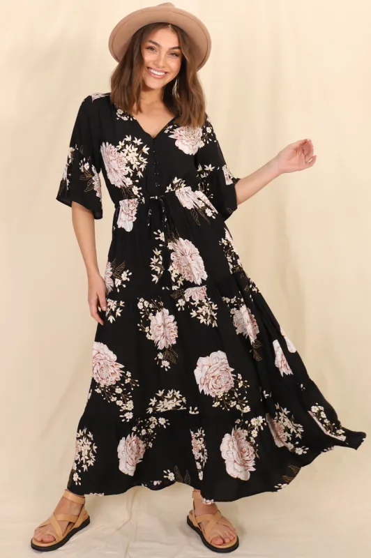 Rae Maxi Dress - Buttoned Bodice Pull Waist A Line Dress in Leyla Print sold by Salty Crush