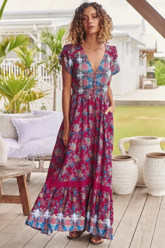 JAASE - Carmen Maxi Dress: Butterfly Cap Sleeve Button Down A Line Dress with Lace Trim in Strawberry Kiss Print sold by Salty Crush