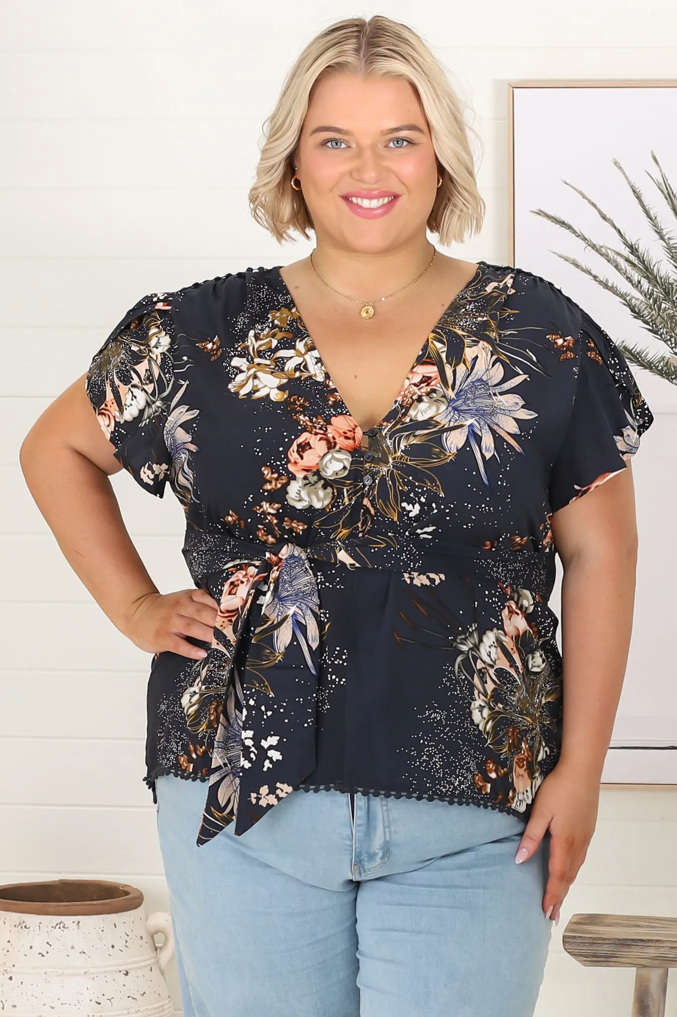 Koi Top - Cap Sleeve Pull Over Top with Matching Waist Tie in Indigo Print sold by Salty Crush product image thumbnail 2