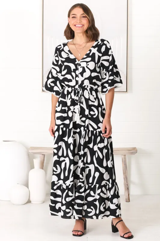Demy Maxi Dress - Cap Sleeve Lace Trim A Line Dress in Jaxie Print Black sold by Salty Crush