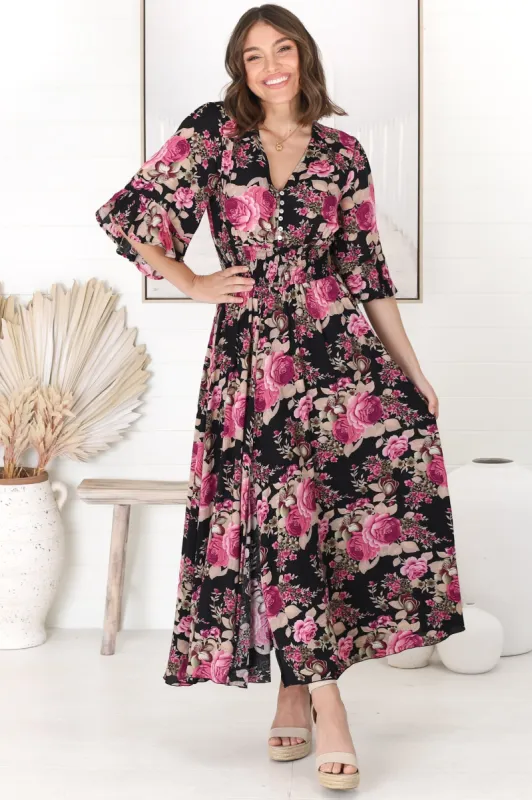 Alba Maxi Dress - Buttoned Bodie A Line Dress With Flute Sleeves In Katie Print Black sold by Salty Crush