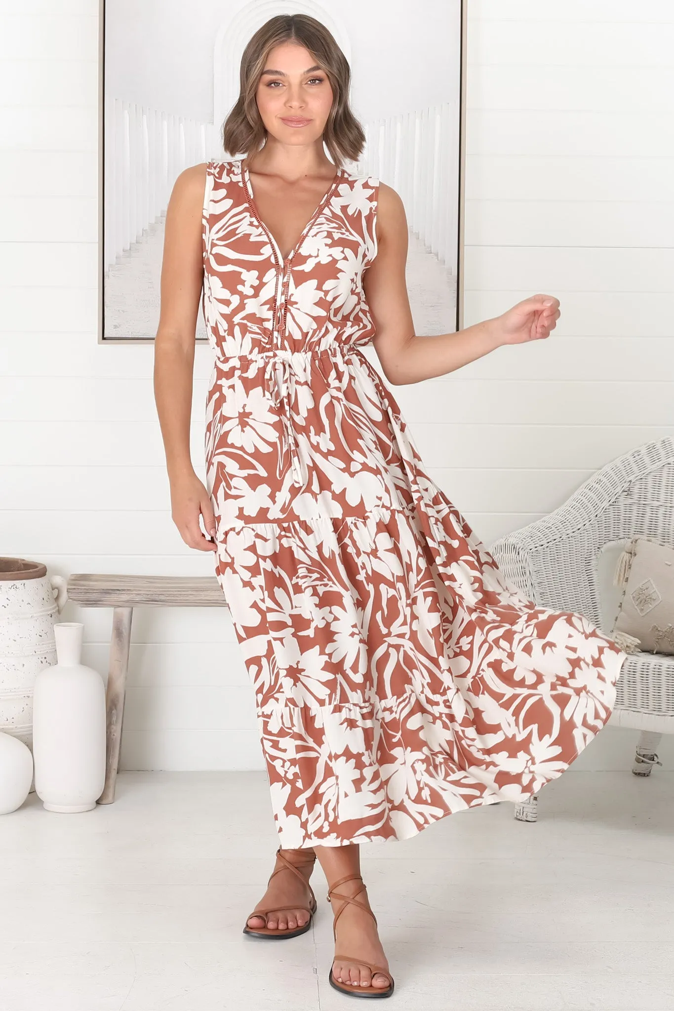 Gia Maxi Dress - Sleeveless Crochet Bodice Detail A Line Dress with Waist Tie in Charis Print Rust sold by Salty Crush product image thumbnail 5