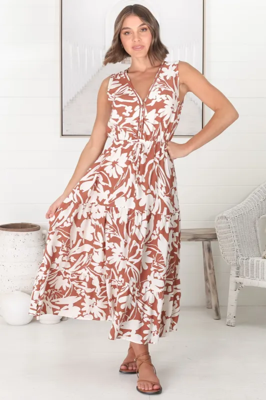 Gia Maxi Dress - Sleeveless Crochet Bodice Detail A Line Dress with Waist Tie in Charis Print Rust sold by Salty Crush