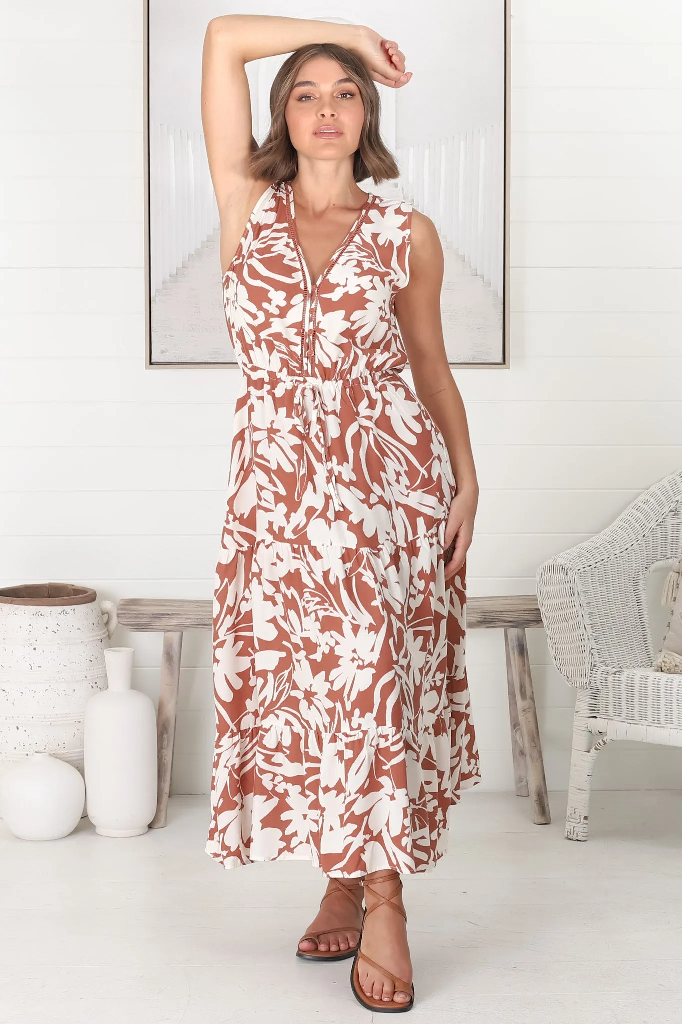 Gia Maxi Dress - Sleeveless Crochet Bodice Detail A Line Dress with Waist Tie in Charis Print Rust sold by Salty Crush product image thumbnail 4