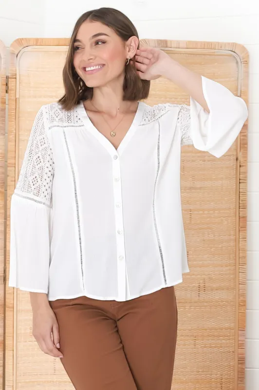 Myrna Top - V Neck Hollow Out Lace Detailed Button Down Shirt in White sold by Salty Crush