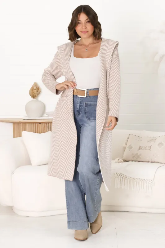 Marshall Cardigan - Hooded Herringbone Open Knit Cardigan in Taupe sold by Salty Crush