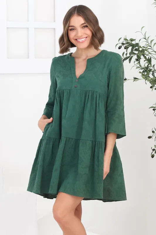 Deedi Mini Dress - Metalesse Cotton Smock Dress in Green sold by Salty Crush