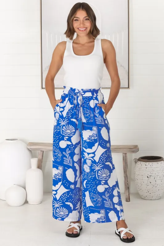 Saskia Pants - Elasticated Paperpag Waist with Drawstring Wide Leg Pants with Pockets in Cobalt Blue made by Salty Crush