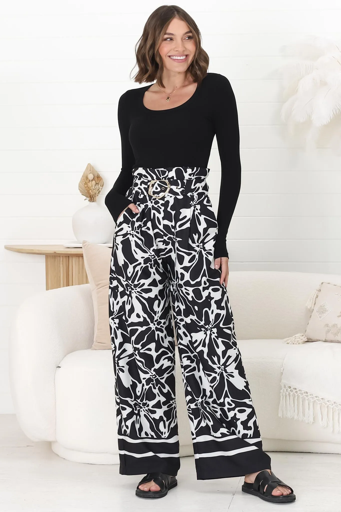 Mona Pants - Paper Bag High Waisted Wide Leg In Alessa Print sold by Salty Crush