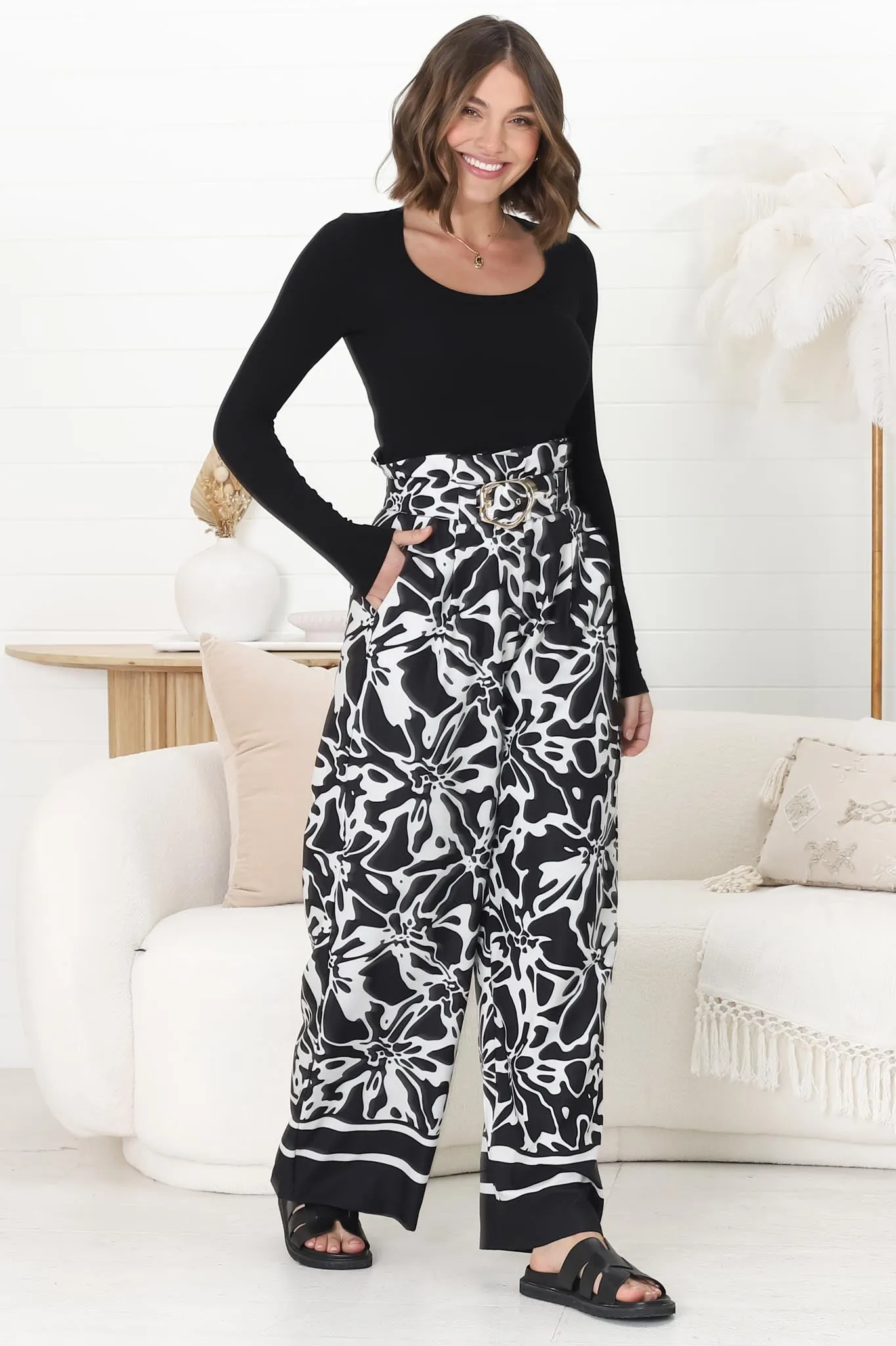 Mona Pants - Paper Bag High Waisted Wide Leg In Alessa Print sold by Salty Crush product image thumbnail 2