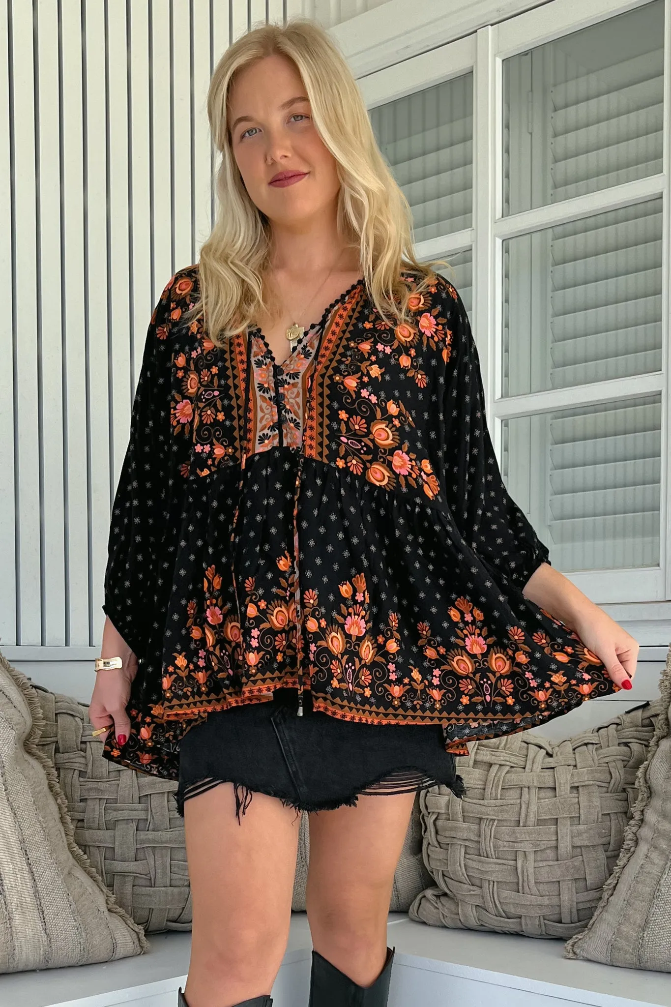 JAASE - Chloe Top: Very Oversized Crochet Trim Neckline Smock Top in Emmery Print sold by Salty Crush product image thumbnail 5