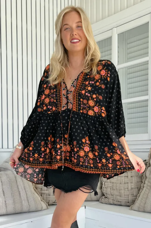 JAASE - Chloe Top: Very Oversized Crochet Trim Neckline Smock Top in Emmery Print sold by Salty Crush