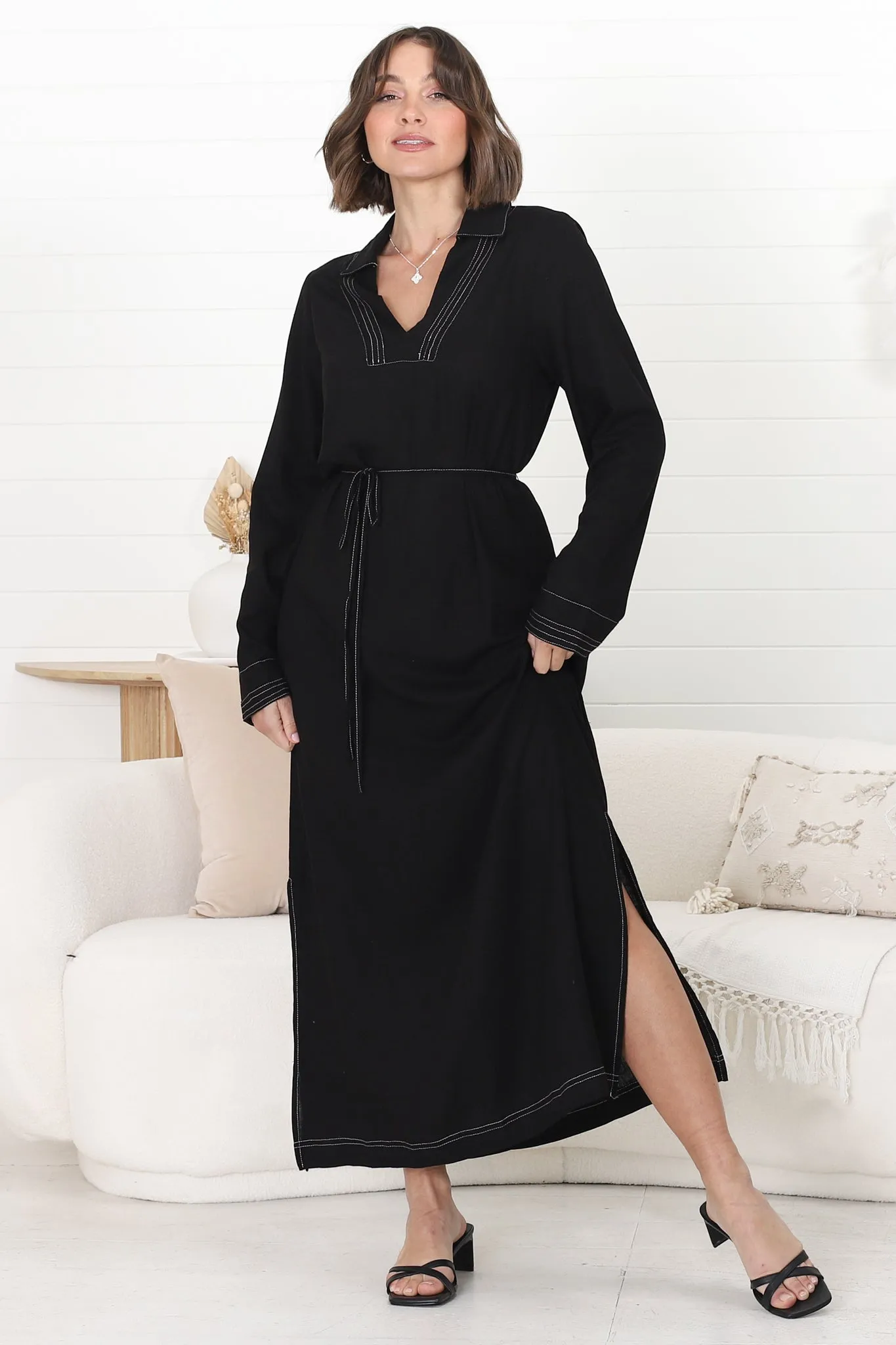 Scarlett Midi Dress - Shift Dress with Contrast Stitching and Belt in Black sold by Salty Crush product image thumbnail 2