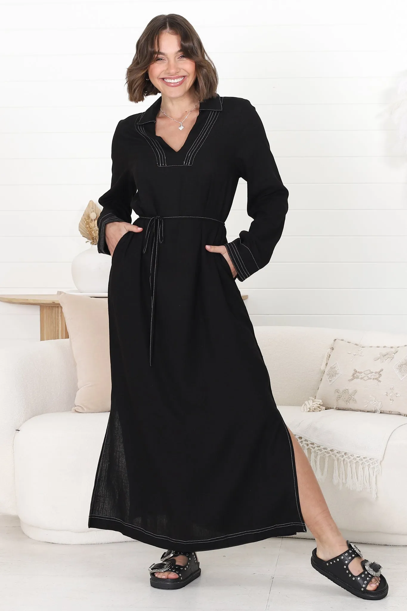 Scarlett Midi Dress - Shift Dress with Contrast Stitching and Belt in Black sold by Salty Crush