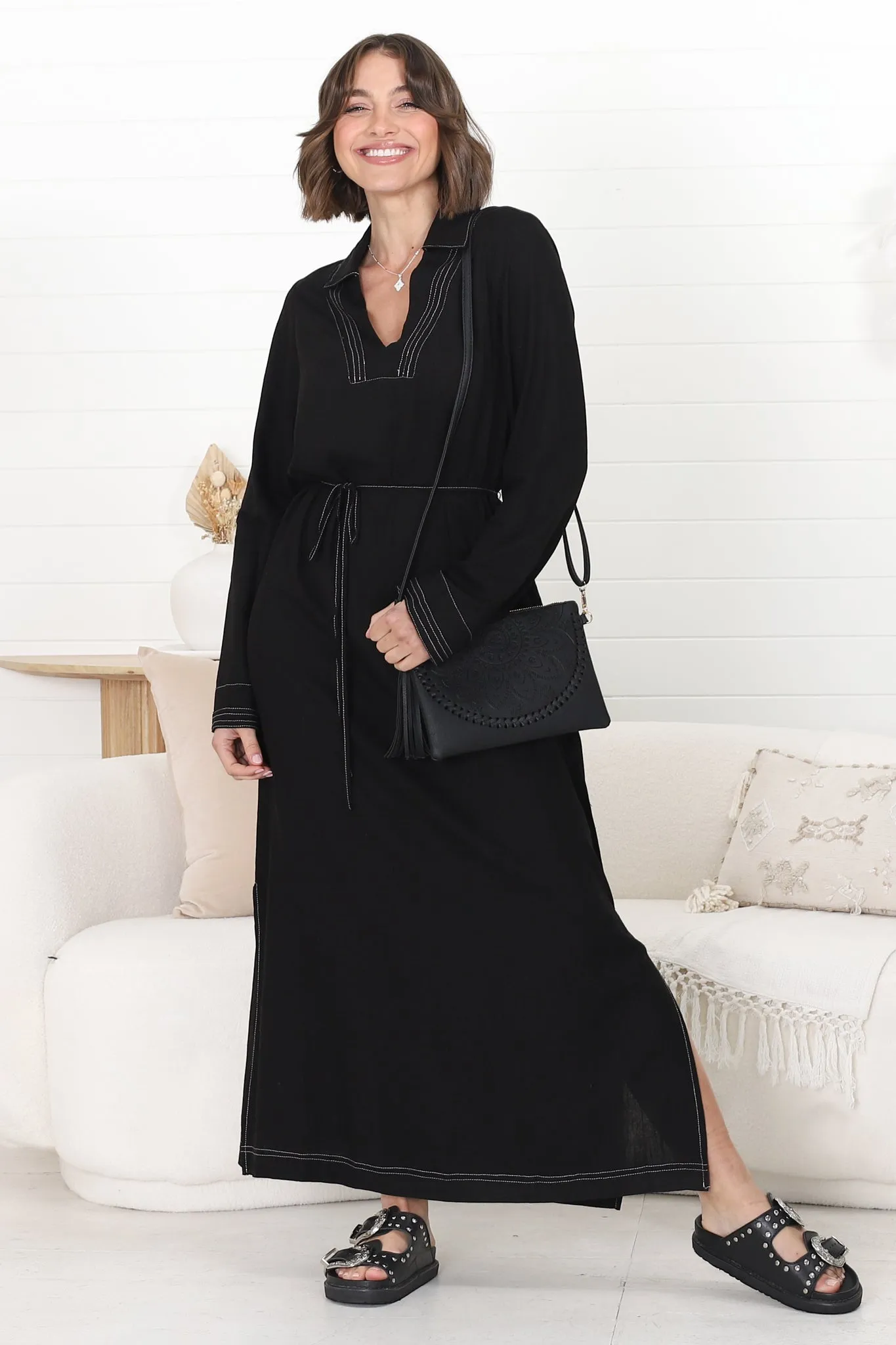 Scarlett Midi Dress - Shift Dress with Contrast Stitching and Belt in Black sold by Salty Crush product image thumbnail 3