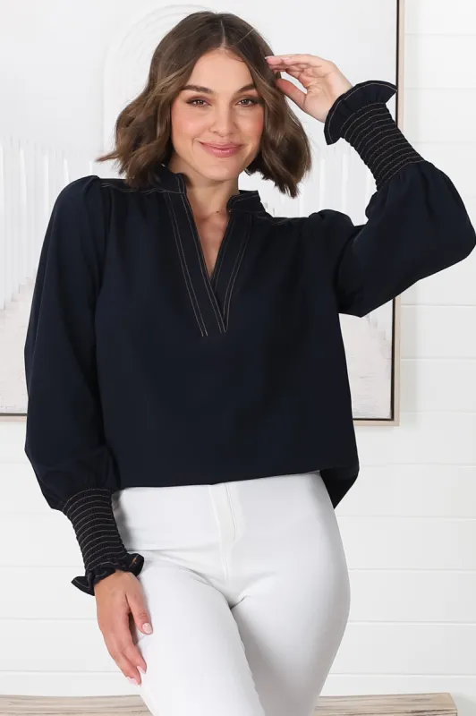 Suri Top - Denim Look Pull Over Top in Navy sold by Salty Crush