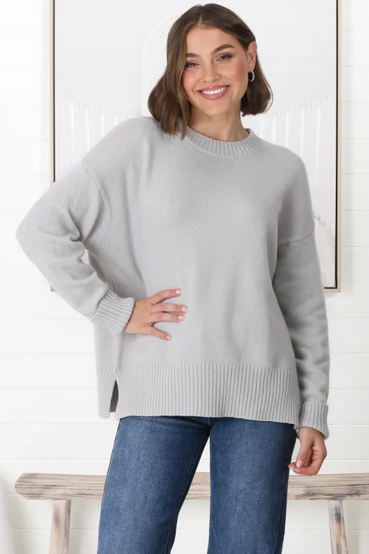 Rita Jumper - Relaxed Crew Neck Knit with Side Splits in Grey sold by Salty Crush