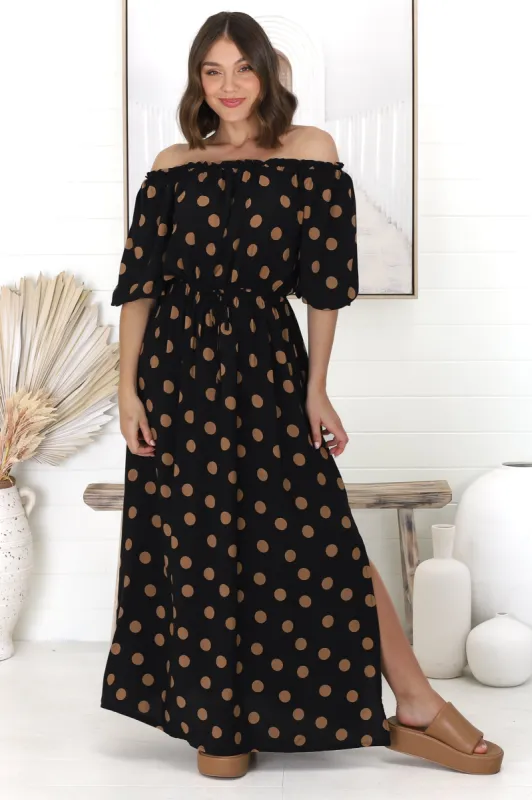Layla Maxi Dress - Off Shoulder Balloon Sleeve Pull in Waist Tie Dress in Mahony Print sold by Salty Crush