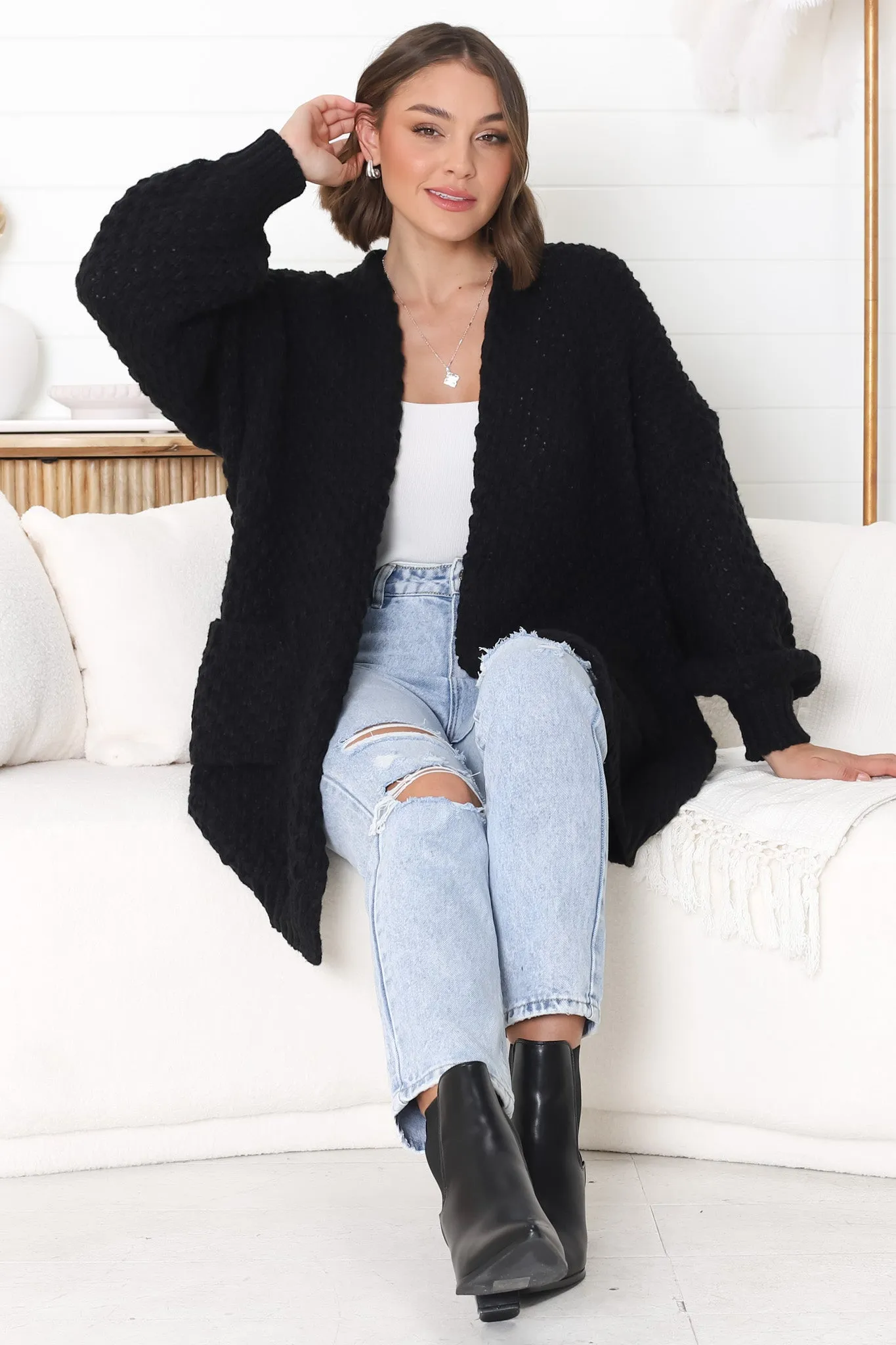 Ricki Cardigan - Open Front Chunky Knit Cardigan in Black sold by Salty Crush product image thumbnail 2