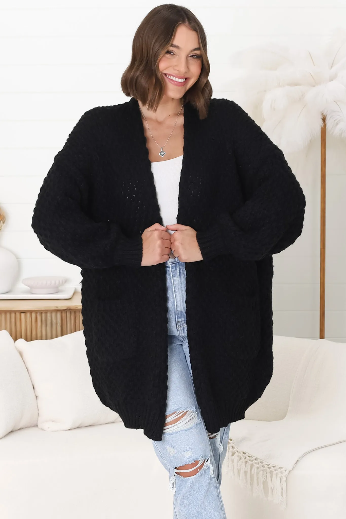Ricki Cardigan - Open Front Chunky Knit Cardigan in Black sold by Salty Crush product image thumbnail 3