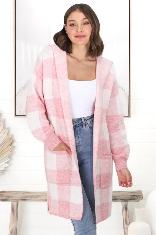Nowel Cardigan - Hooded Checkered Cardigan with Pockets in Pink sold by Salty Crush