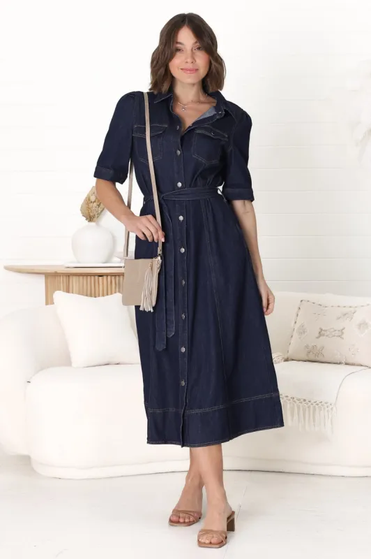 Candice Denim Midi Dress - Short Sleeve Button-Down Dress with Belt in Indigo sold by Salty Crush