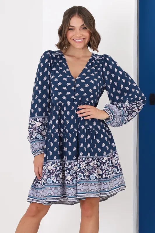 Jaynie Mini Dress - Long Balloon Sleeve Smock Dress in Linnie Print sold by Salty Crush